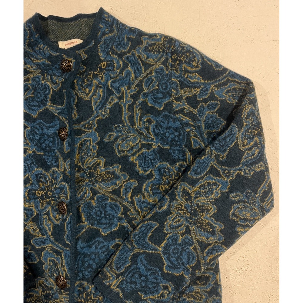 Sundance Sweater Coat Sea Moss Blue Green Size Medium Floral Merino Wool - Picture 5 of 11